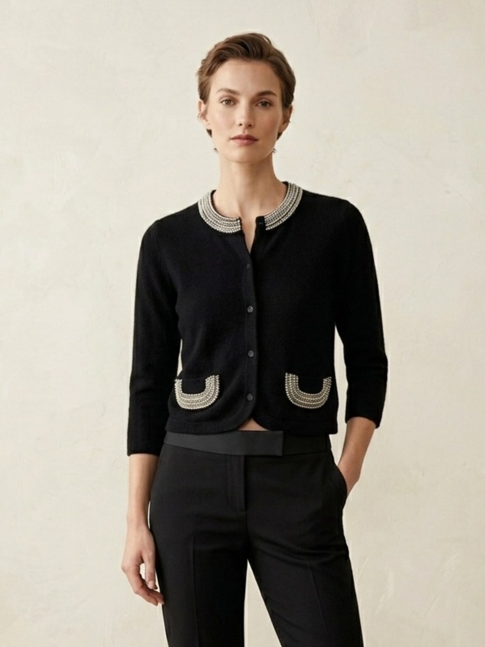 J.CREW 100% Cashmere Pearl Embellished Cardigan XS Black Beaded Chanel Style